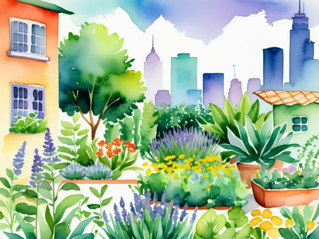 Detallada ilustración acuarela de un jardín de plantas medicinales urbanas rodeado de edificios coloridos y la ciudad