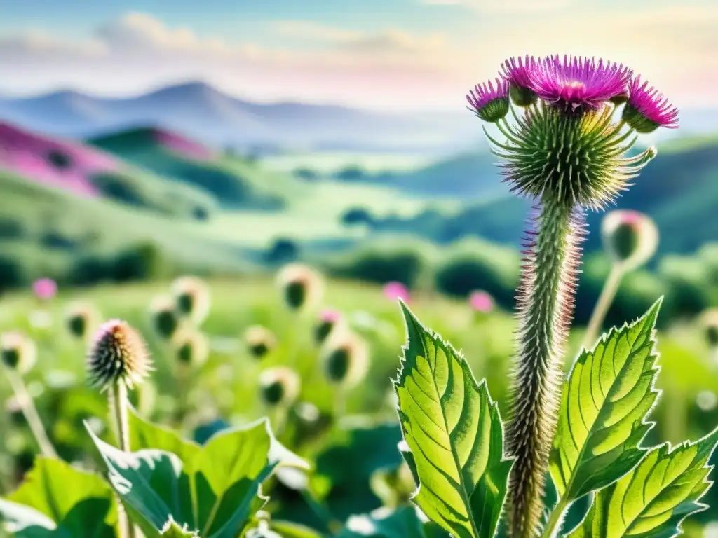 Detallada ilustración acuarela de un prado verde exuberante con plantas de bardana floreciendo