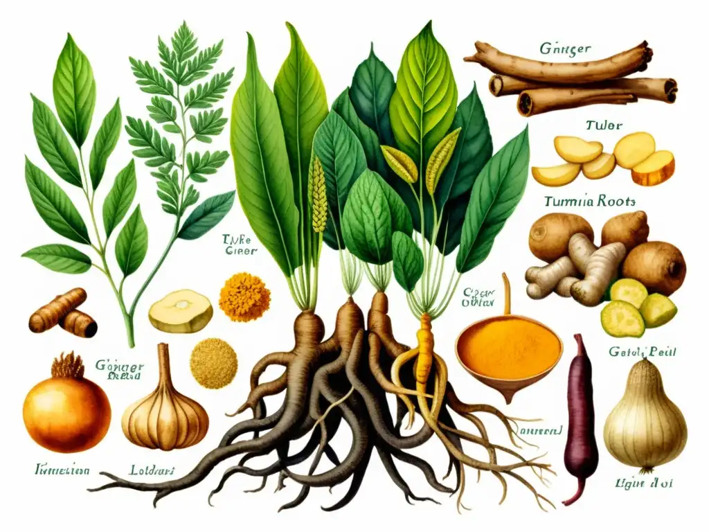 Detallada ilustración acuarela de raíces medicinales como jengibre, cúrcuma, ginseng y regaliz, resaltando su belleza natural