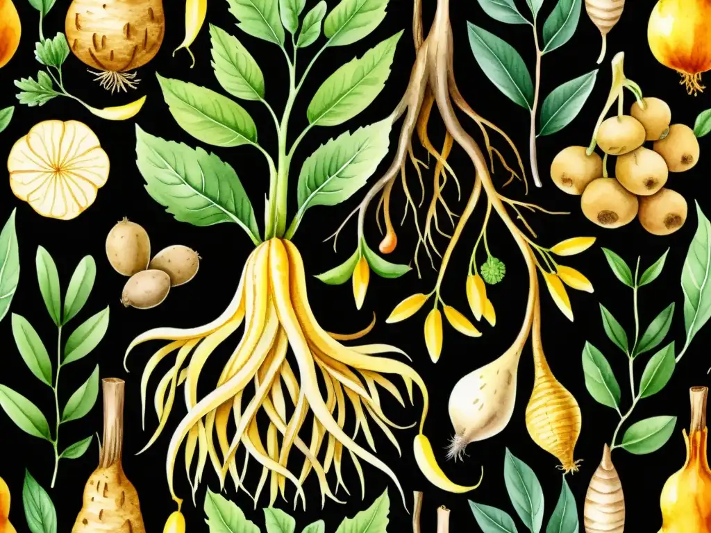 Detallada ilustración acuarela de raíces y tubérculos: jengibre, cúrcuma, ginseng y diente de león, en composición natural