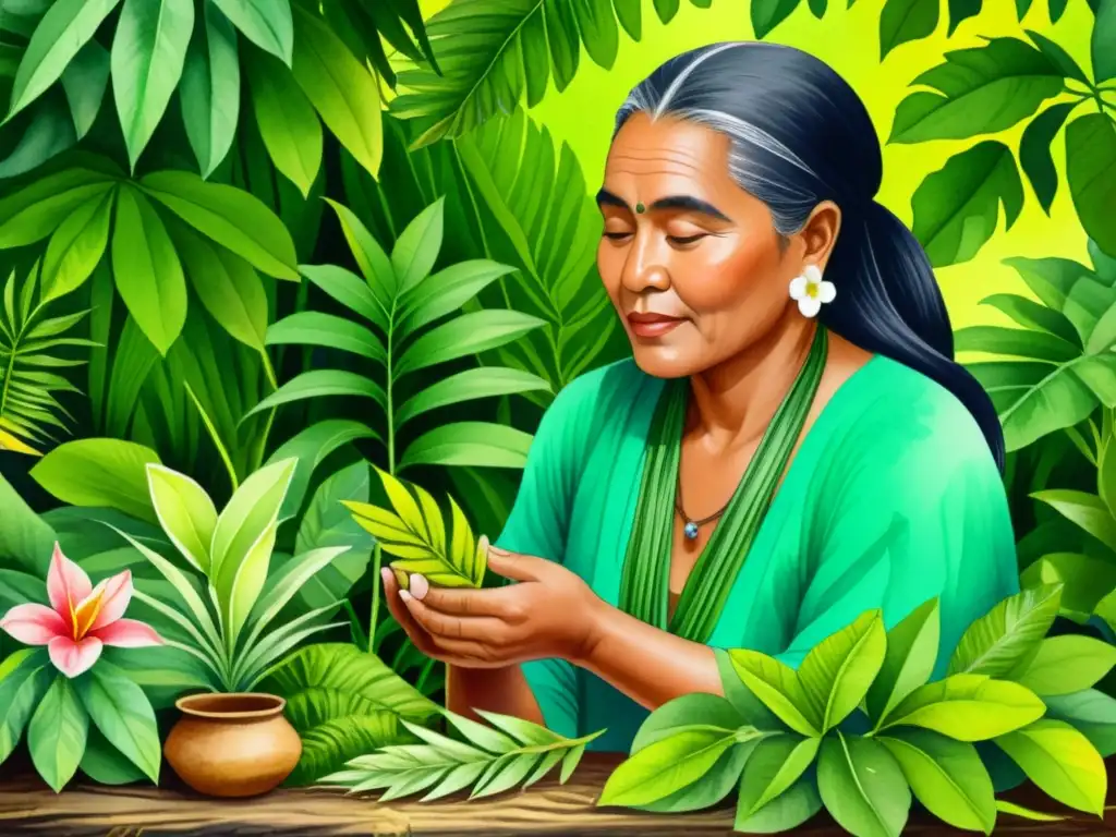 Un ilustración detallada de un sanador polinesio rodeado de exuberante vegetación, seleccionando hierbas medicinales con profundo significado cultural