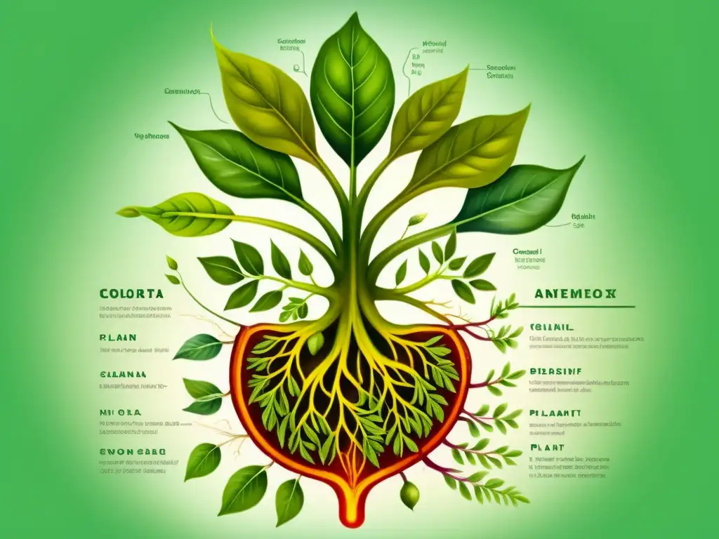 Detallada ilustración de una sección transversal de planta con raíces vibrantes, sistema vascular intrincado y glándulas de aceites esenciales