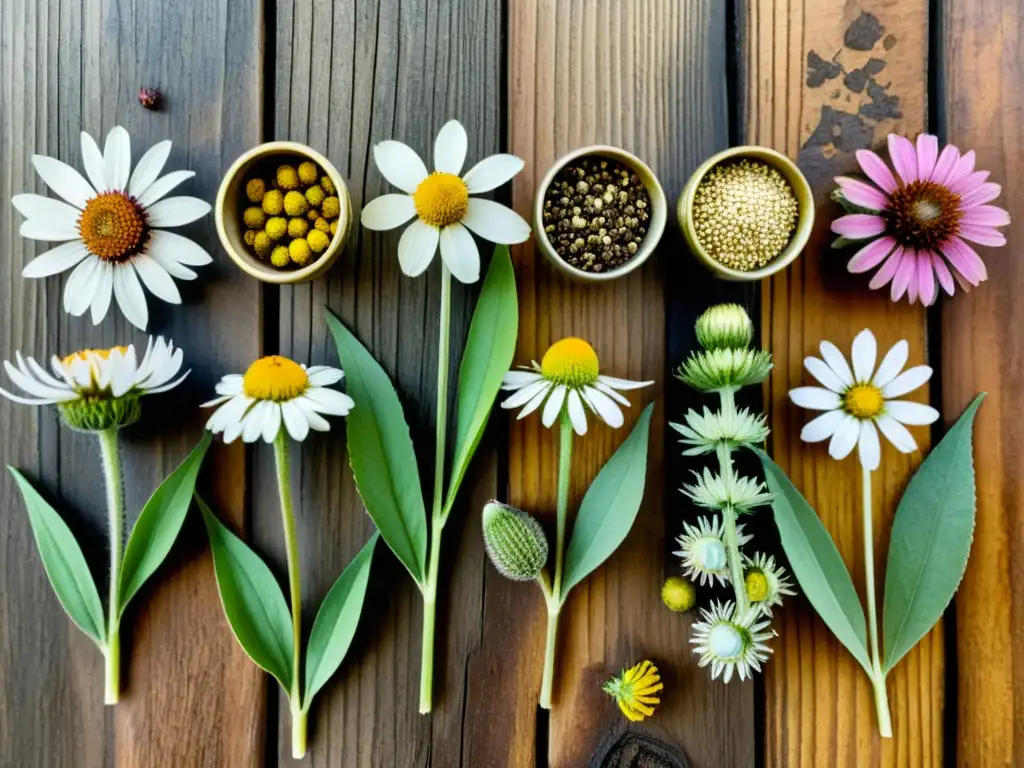 Detallada ilustración acuarela de semillas de hierbas medicinales en superficie rústica de madera, evocando conservación de la diversidad botánica