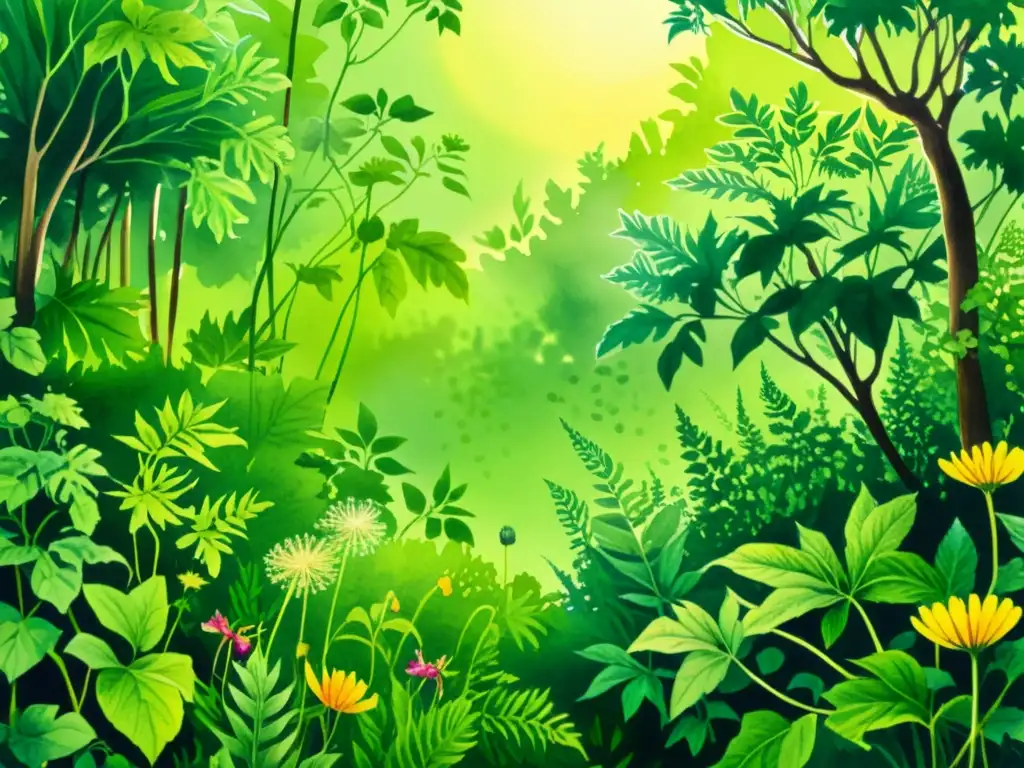 Detallada ilustración acuarela de un sereno bosque verde con hierbas diuréticas como diente de león, perejil, hibisco y té verde, irradiando tranquilidad y abundancia natural, ideal para la efectividad de las hierbas diuréticas en la pérdida de peso