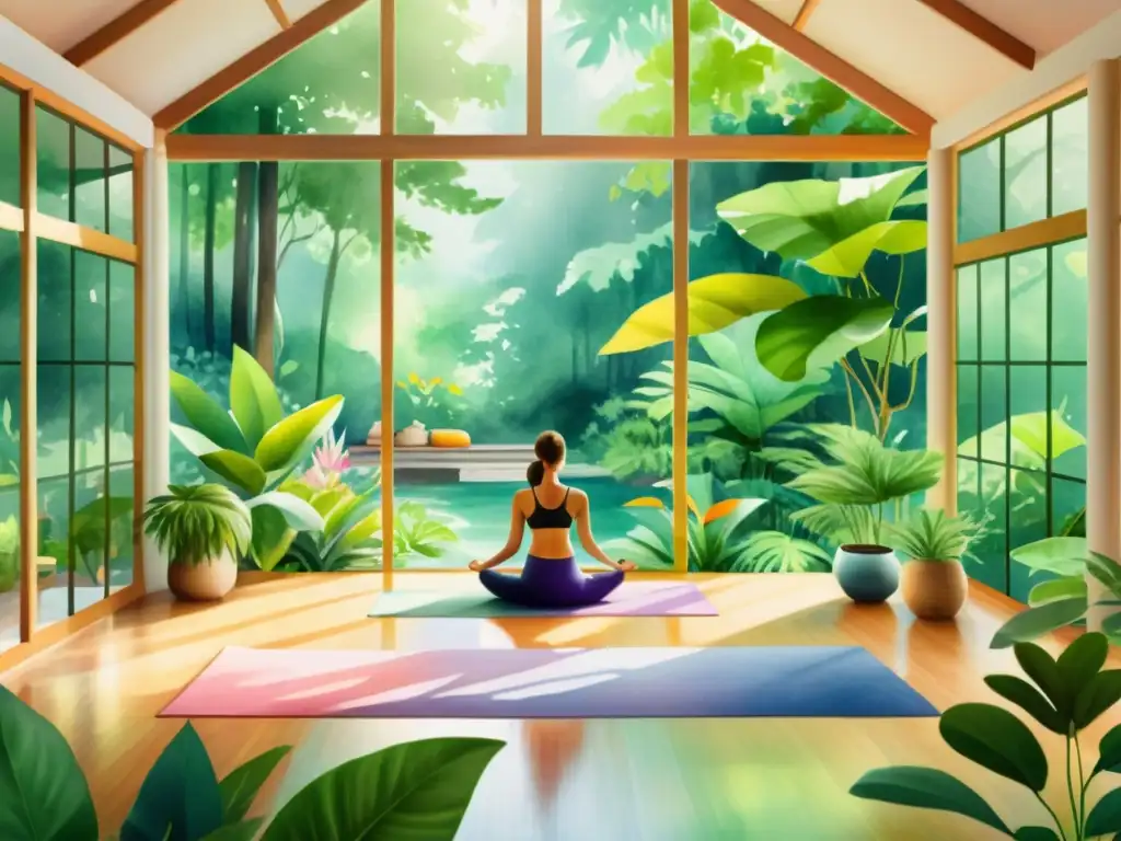 Una ilustración acuarela detallada en 8k de un sereno estudio de yoga en un bosque exuberante