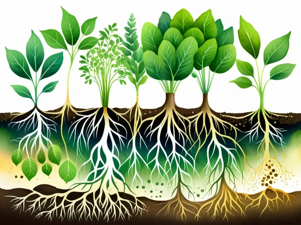 Detallada ilustración acuarela de sistema radicular saludable sin suelo, con aireación y raíces vibrantes absorbiendo nutrientes