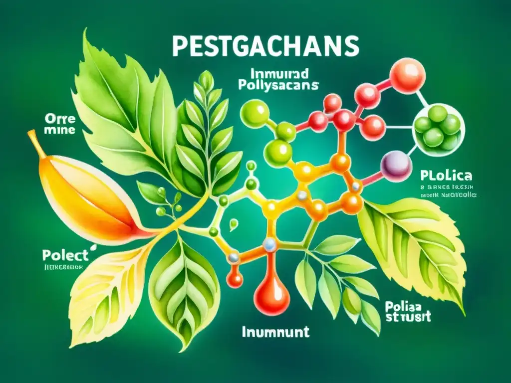 Detallada ilustración acuarela de polisacáridos vegetales, destacando sus funciones inmunoestimulantes