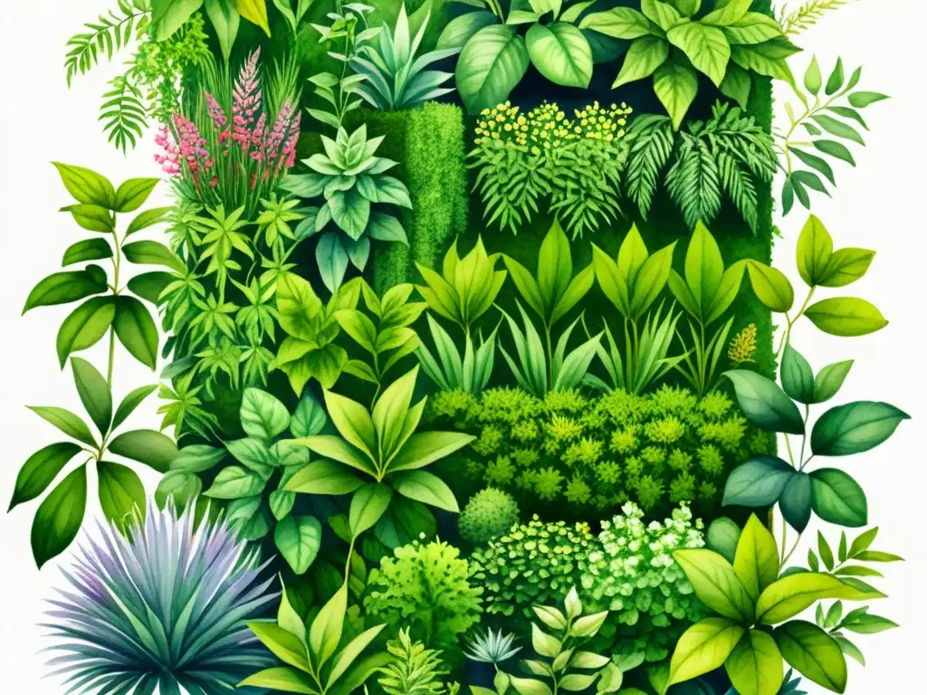 Detallada ilustración acuarela de jardín vertical con plantas medicinales