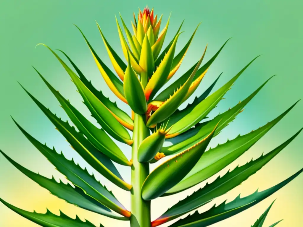 Detallada ilustración acuarela de una vibrante planta de Aloe Vera, con colores ricos y textura única