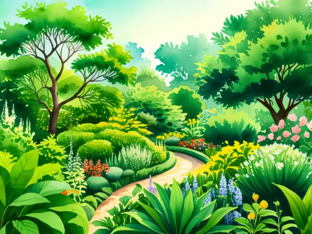 Detallada ilustración acuarela de jardín vibrante con plantas medicinales adaptadas al cambio climático, irradiando esperanza y vitalidad