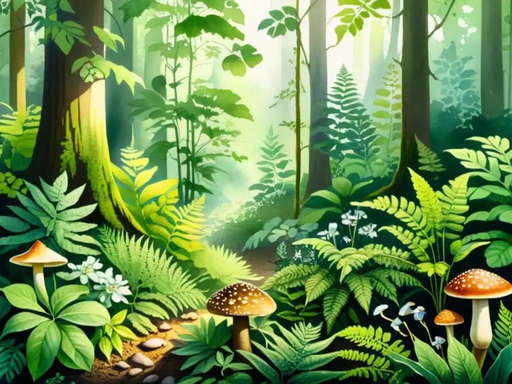 Acuarela detallada de un bosque medicinal exuberante Un detallado acuarela de un exuberante bosque con plantas medicinales, destacando la biodiversidad y el impacto ambiental del uso tradicional de plantas medicinales