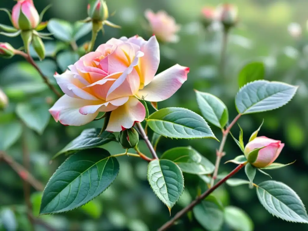 Un detallado acuarela de rosa mosqueta con flores rosadas y hojas verdes, destellos de rocío y un fondo de jardín de rosas