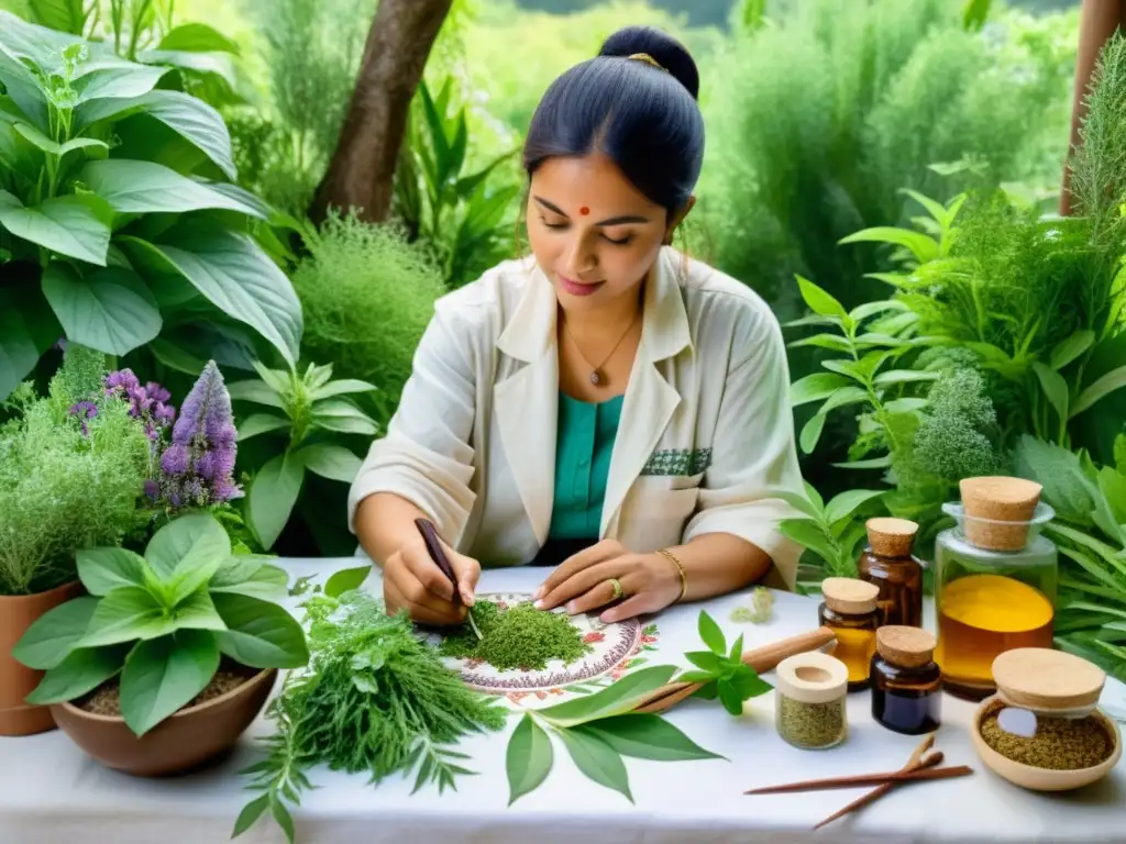 Un detallado acuarela de un herbolario rodeado de exuberante vegetación, cuidando plantas medicinales con expresión conocedora