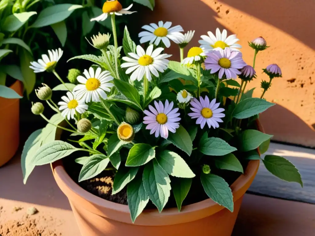 Un detallado acuarela de hierbas medicinales y flores en terracota, con luz solar filtrándose entre las hojas