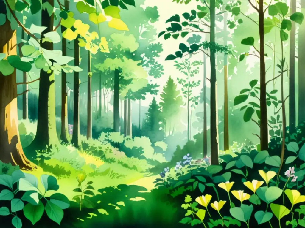 Bosque de hierbas medicinales en acuarela Un detallado bosque de hierbas medicinales con beneficios para la salud cognitiva, evocando tranquilidad y abundancia natural