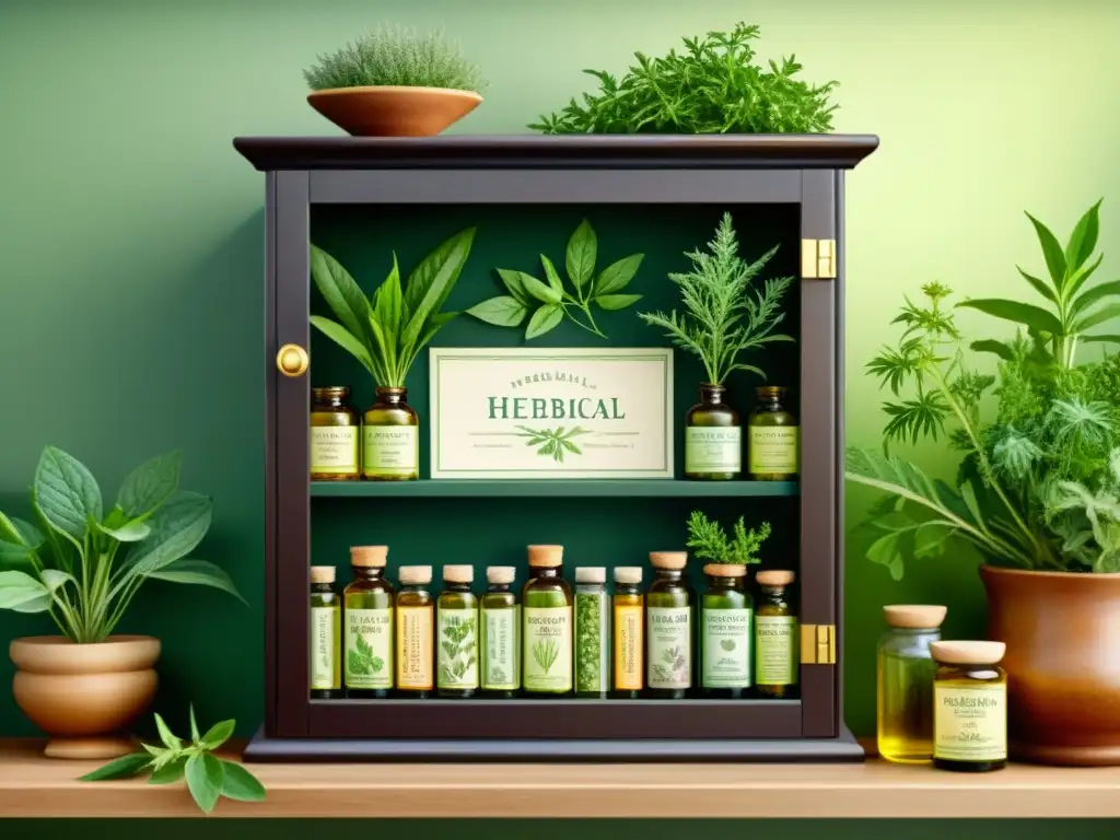 Detallado botiquín herbal casero con plantas medicinales etiquetadas, reflejando la belleza y utilidad de la creación botiquín herbal casero