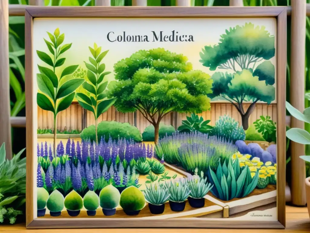 Un detallado cuadro de acuarela de un jardín colonial lleno de hierbas medicinales