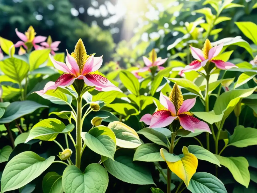 Un detallado cuadro de acuarela muestra un exuberante jardín con plantas de rehmannia