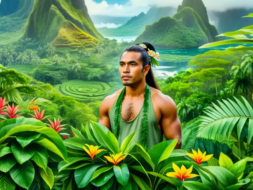 Un detallado cuadro acuarela de una exuberante jungla polinesia, con un sanador recolectando plantas medicinales
