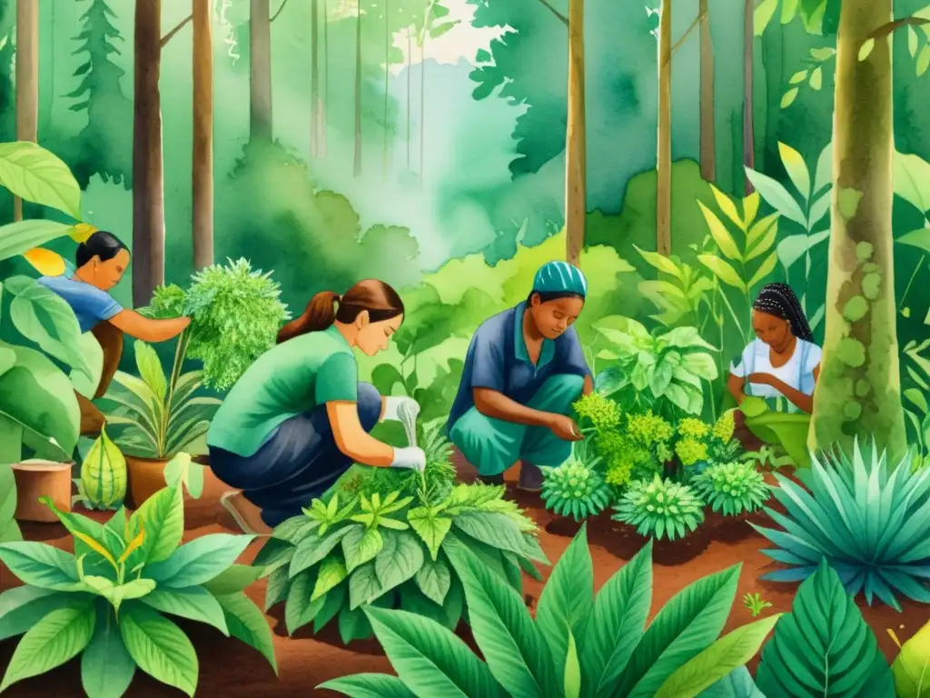 Un detallado dibujo de acuarela muestra a un grupo de personas diversas recolectando y preparando plantas medicinales en un exuberante bosque