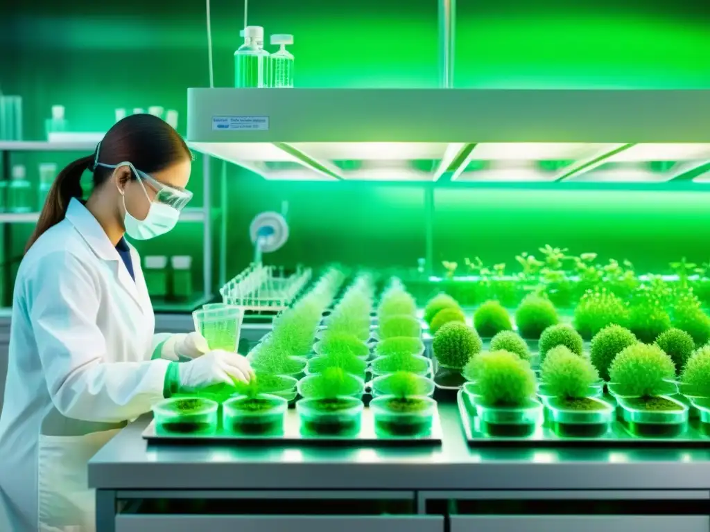 Un detallado dibujo a acuarela muestra un laboratorio con científicos cuidando células vegetales en placas de Petri bajo la suave luz fluorescente