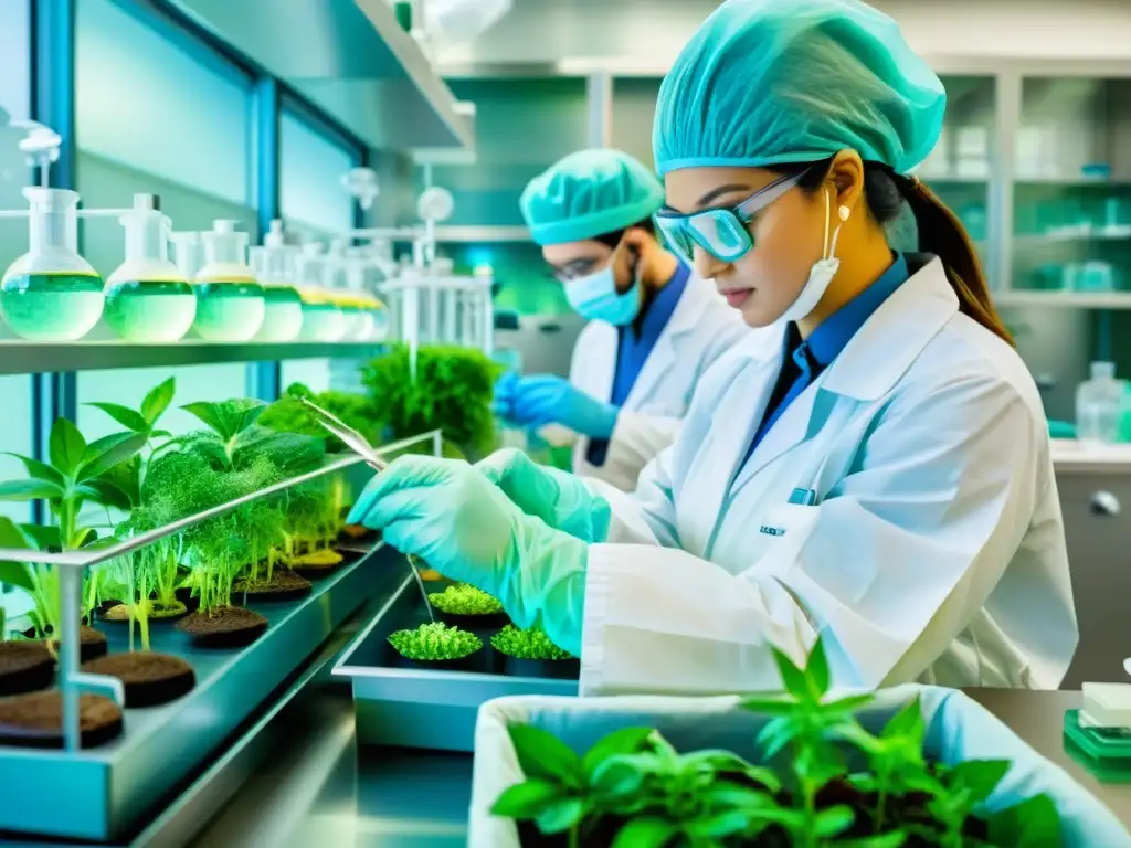 Un detallado dibujo en acuarela de un laboratorio con científicos cultivando tejidos de plantas medicinales bajo condiciones estériles