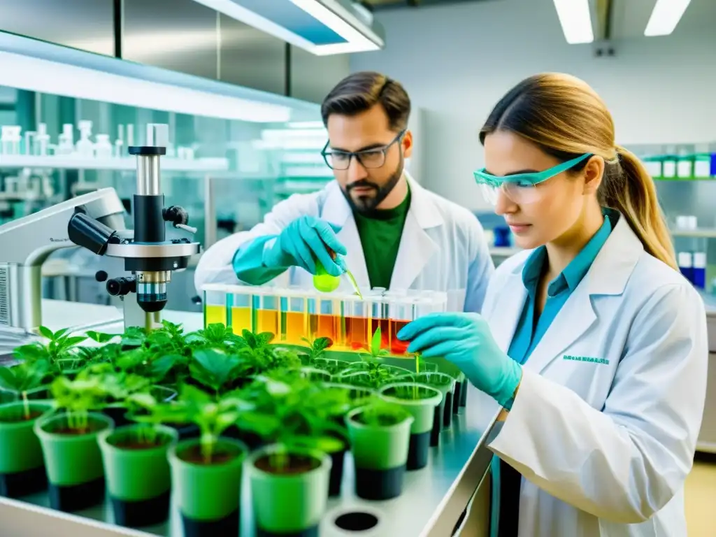 Un detallado dibujo de acuarela de un laboratorio donde científicos utilizan equipo de cromatografía y espectrometría de masas para analizar y seleccionar cultivos de alta potencia