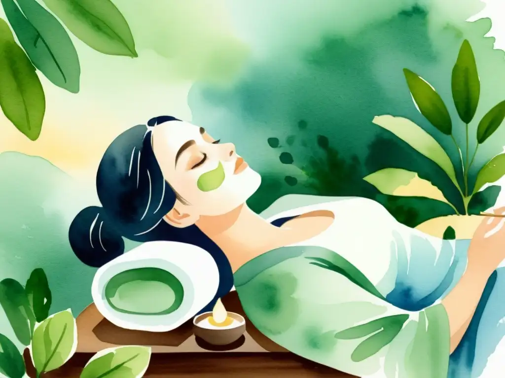 Un detallado dibujo a acuarela de un relajante spa con una terapeuta aplicando una mascarilla herbal calmante en el contorno de ojos de una cliente