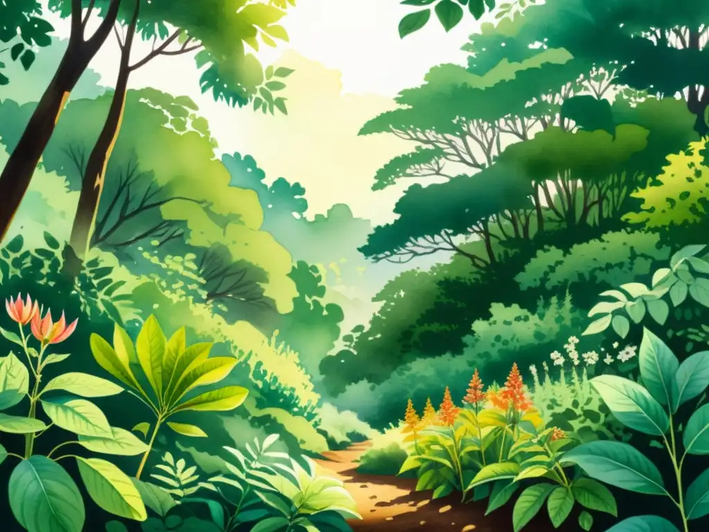 Un detallado dibujo de un exuberante bosque con plantas adaptógenas, bañado por la luz del sol
