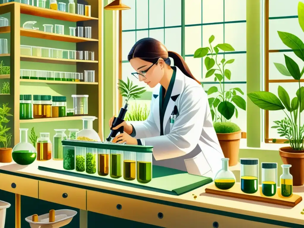 Un detallado laboratorio científico con estantes repletos de especímenes vegetales, equipo de investigación y un investigador midiendo dosis de extractos de plantas con precisión