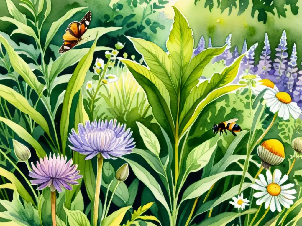 Un detallado jardín medicinal lleno de plantas vibrantes, tierra fértil y vida silvestre, evocando la preparación de suelos para jardines medicinales