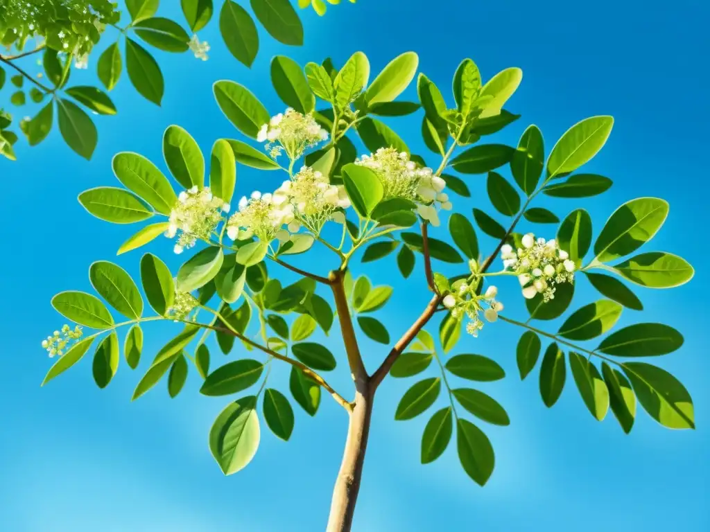 Un detallado y vibrante acuarela de un frondoso árbol de moringa bajo el cielo azul