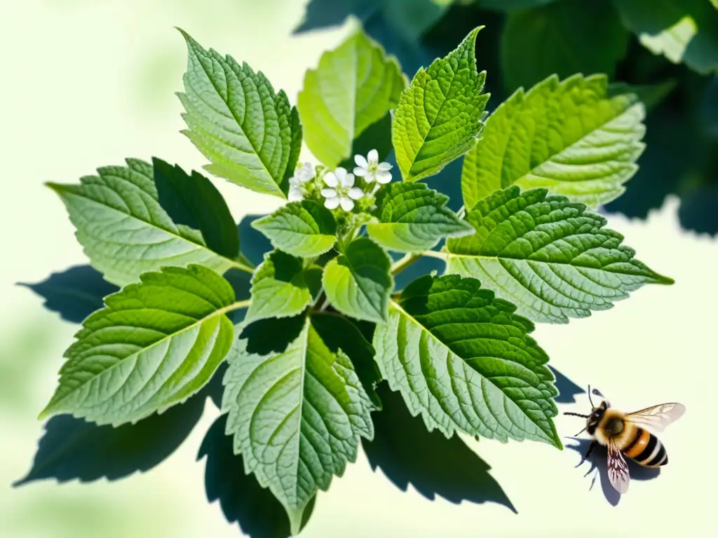 Un detallado y vibrante dibujo de melisa con beneficios medicinales, rodeado de abejas y bañado por la luz del sol