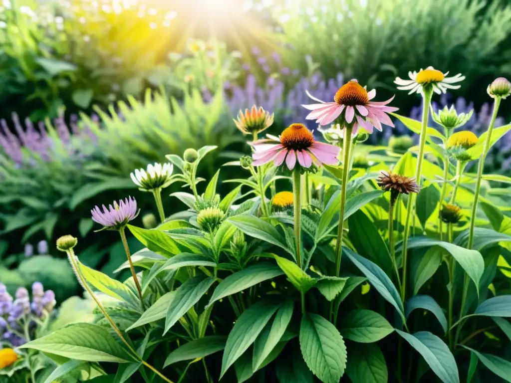 Un detallado y vibrante jardín con plantas medicinales, bacterias beneficiosas y cálida luz solar