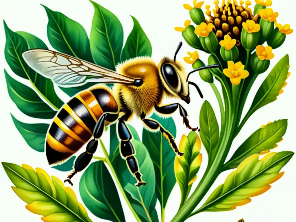 Detalle de ilustración acuarela de una abeja recolectando propóleo en una planta verde vibrante, con colores ricos y detalles intrincados