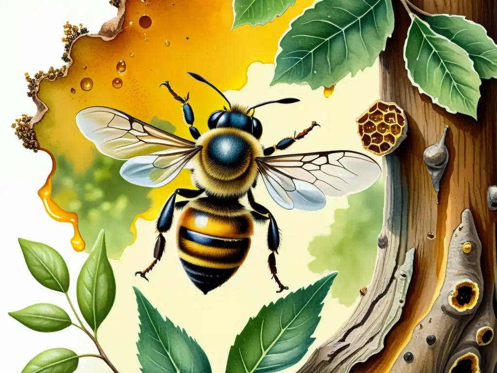 Detalle acuarela de abeja recolectando resina de álamo para hacer propóleo efectos antimicrobianos, con colores vibrantes y precisos detalles naturales