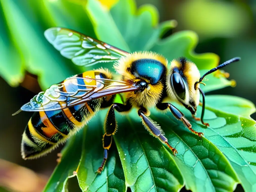 Detalle de acuarela de una abeja recolectando propóleo de una planta, con colores vibrantes y atmósfera cálida