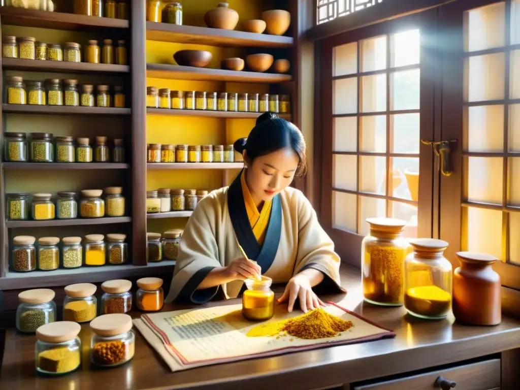 Detalle de acuarela: apotecario de medicina tradicional china con cúrcuma, luz dorada, sabiduría ancestral y antioxidante natural