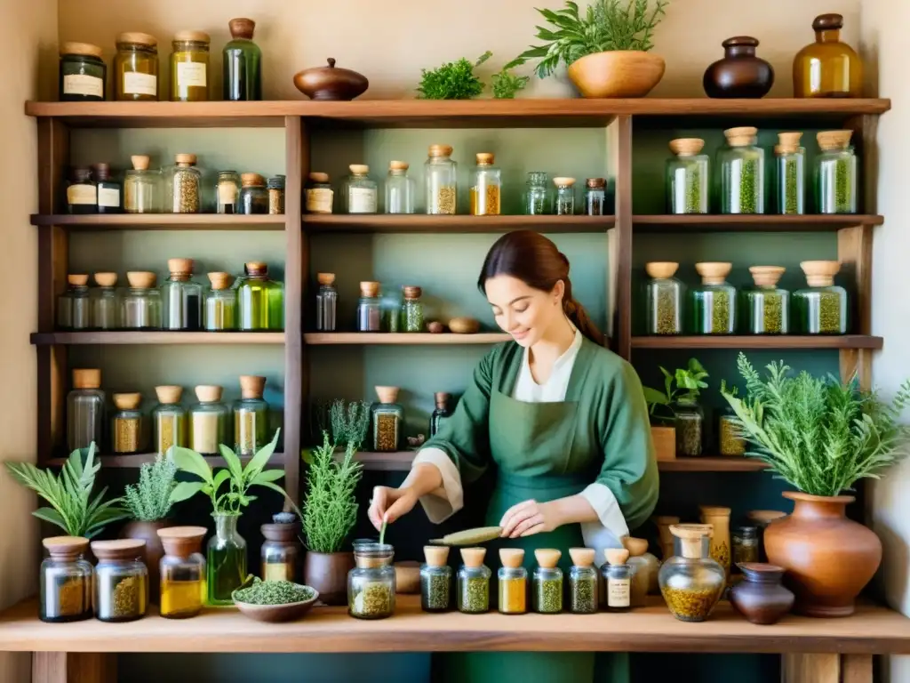 Detalle de acuarela de un boticario medieval usando plantas medicinales