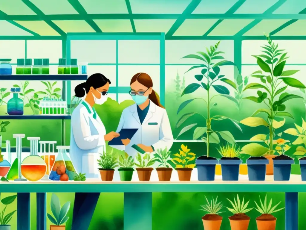 Detalle en acuarela de científicos trabajando con plantas medicinales en laboratorio