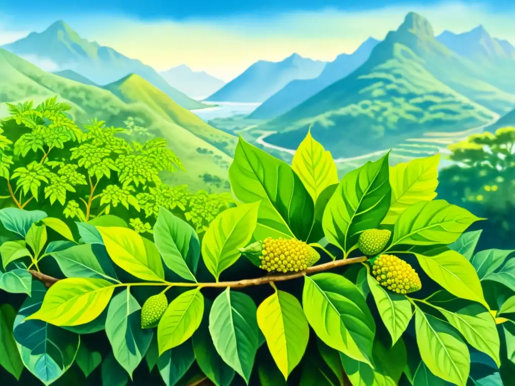 Detalle en acuarela de una exuberante planta de noni con frutos verdes y amarillos en un paisaje tropical