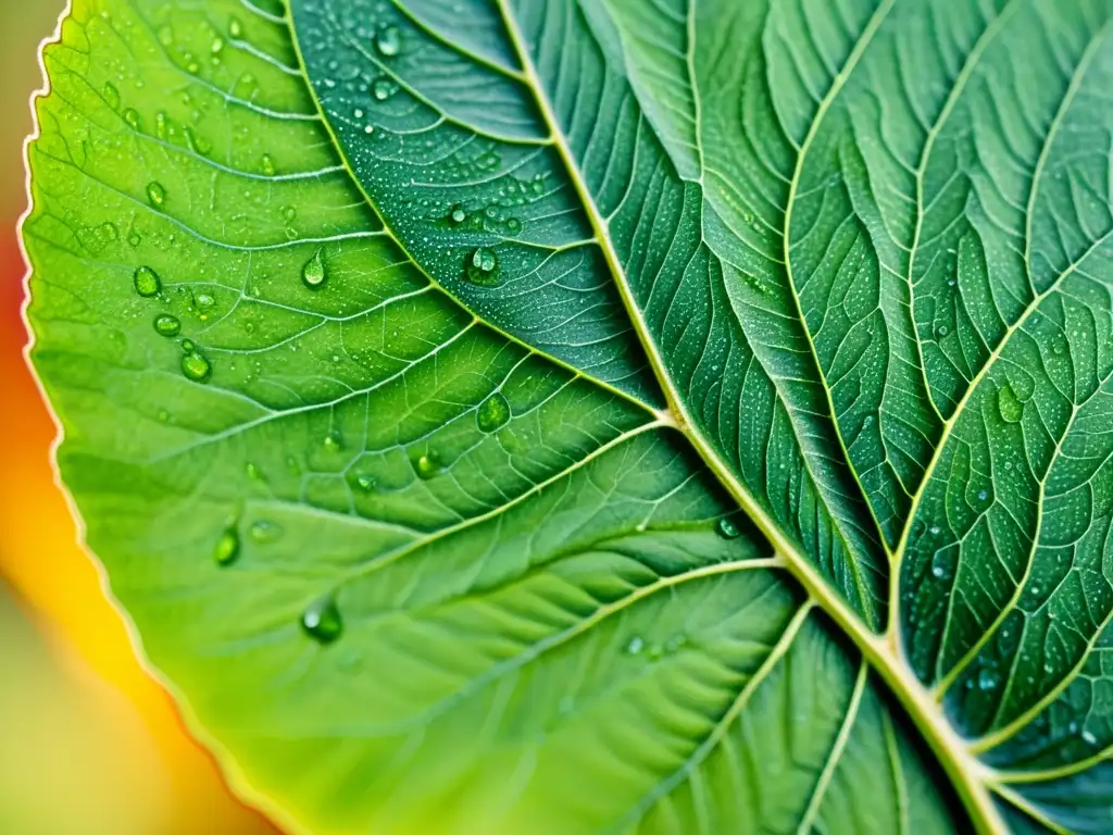 Detalle de acuarela de una hoja de planta medicinal con red de venas, pelos y ácaros, para control de ácaros en plantas medicinales