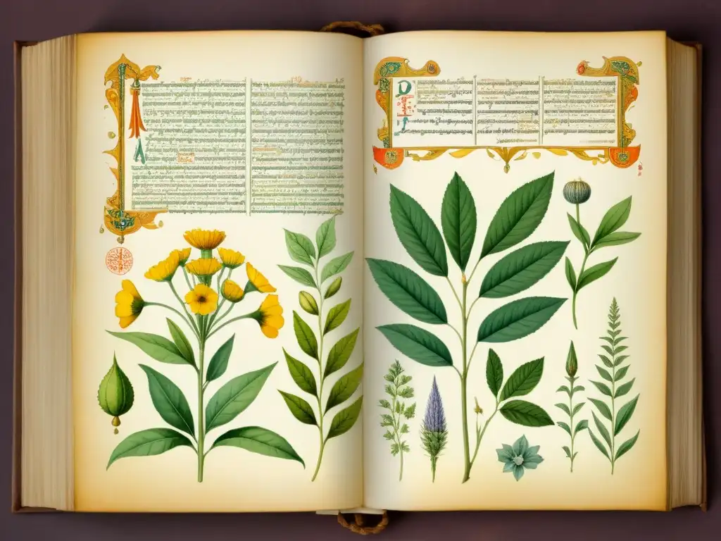 Detalle acuarela de manuscritos antiguos sobre plantas medicinales, exudando sabiduría herbal y belleza botánica en tonos ricos y vibrantes