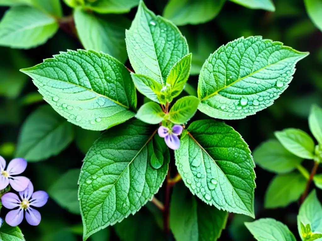 Detalle de acuarela de una planta de menta verde vibrante con flores moradas