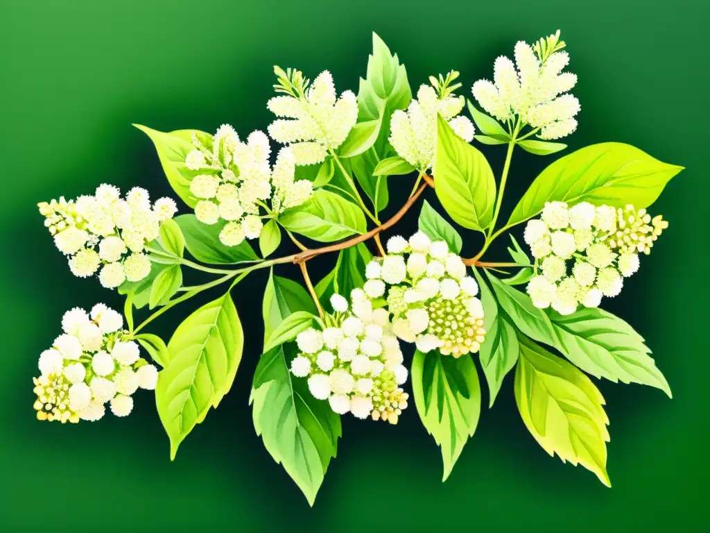 Detalle acuarela de saúco en flor, con hojas verdes exuberantes y flores blancas delicadas