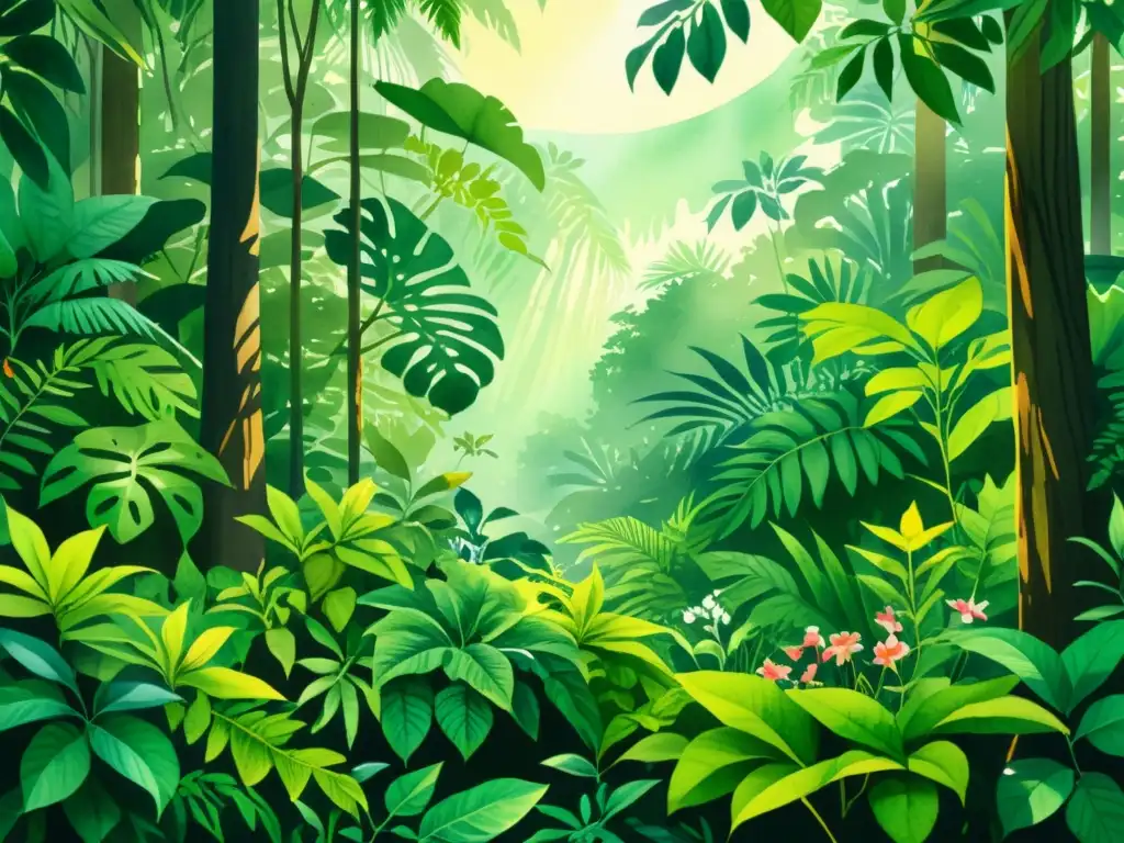 Detalle de ilustración en acuarela de selva tropical con plantas medicinales y conocimientos tradicionales de conservación