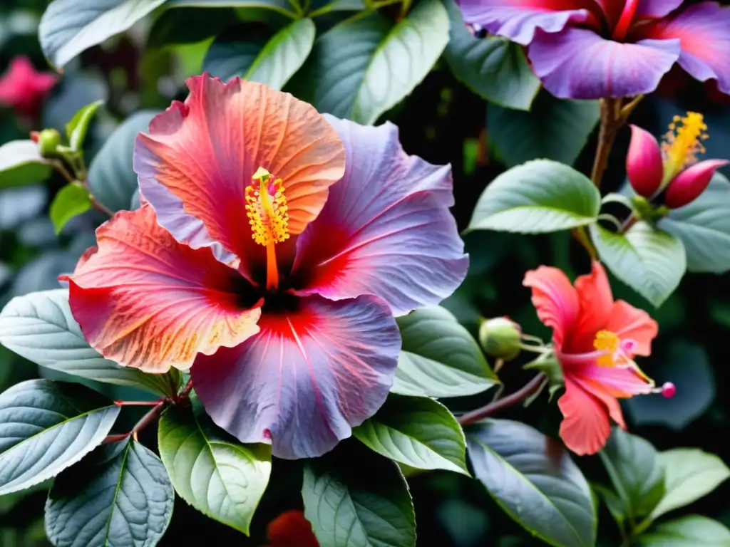 Detalle de acuarela de un sereno jardín con flores de hibisco en tonos vibrantes de rosa, rojo y púrpura