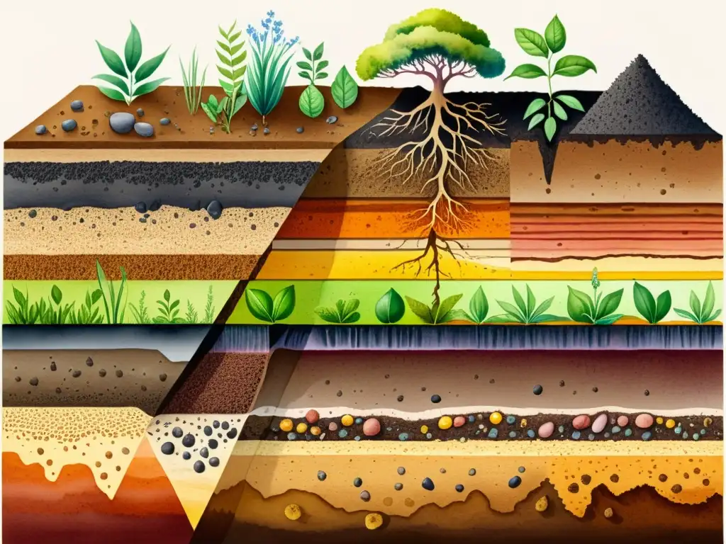 Detalle de ilustración acuarela de análisis de suelo para huerto medicinal, con colorida representación de las capas y su riqueza orgánica y mineral