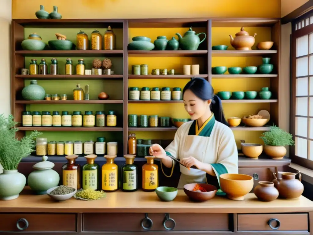 Detalle de una ilustración de una antigua botica china con cúrcuma, evocando sabiduría ancestral y curación natural