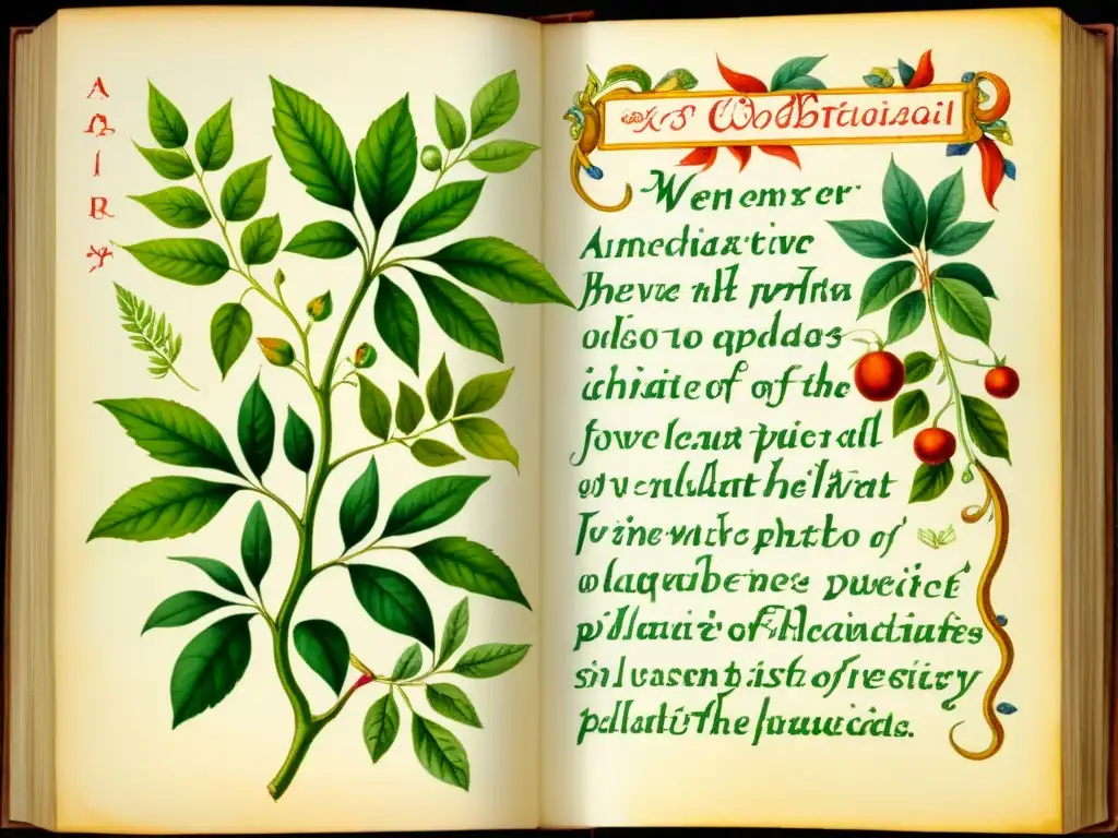 Detalle de un antiguo códice botánico con plantas medicinales, exudando misterio y antigüedad